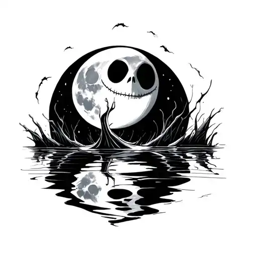 Jack Skellington Reflecting In Water With The Moon