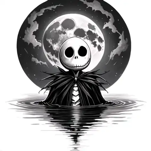 Jack Skellington Standing Over Water Reflecting In Water With The Moon In The Background