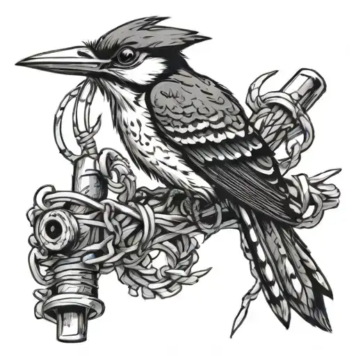 Woodpecker On Barbed Wire With Pirate Sword In Its Mouth