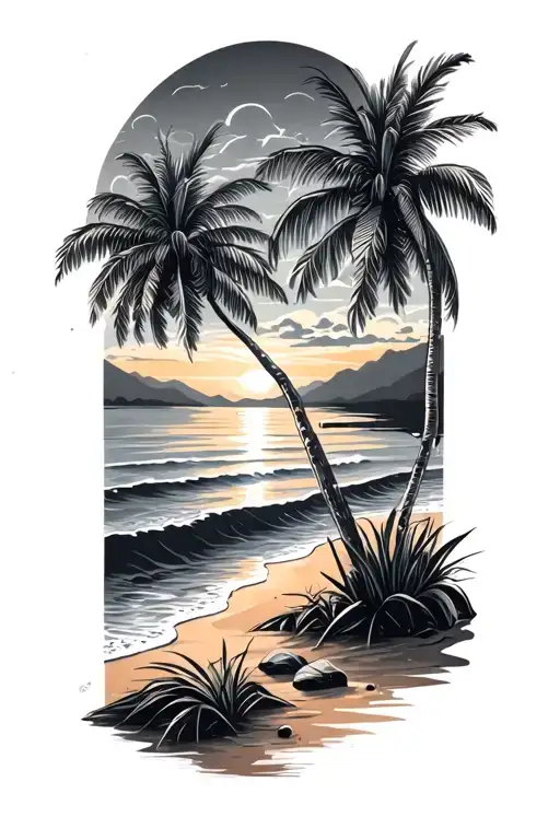 Beach Scene With Palm Trees Colors Sunset Over Lake