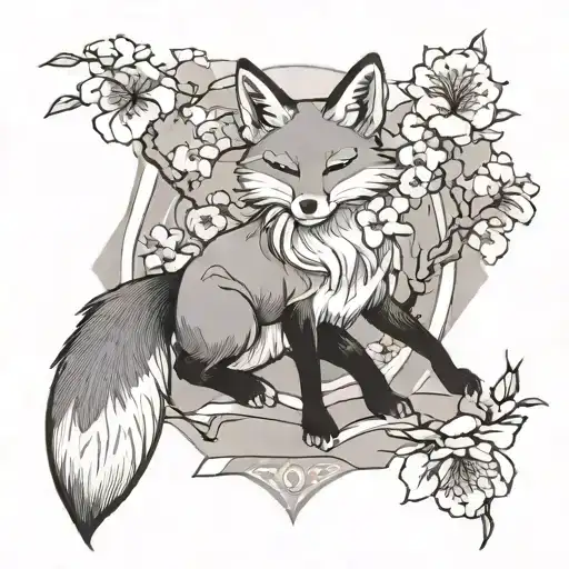 Kitsune Fox And Sakura Flowers