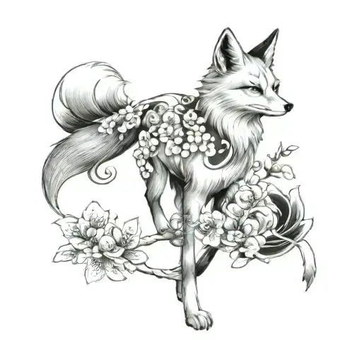 Kitsune Fox Standing And Sakura Flowers