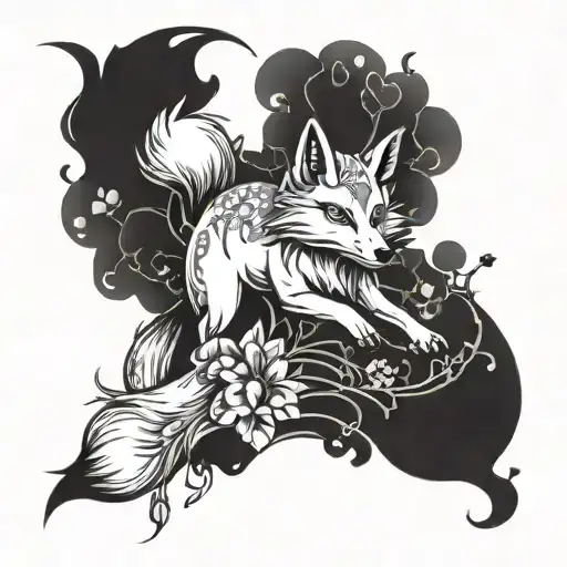 Kitsune Fox Jumping And Sakura Flowers