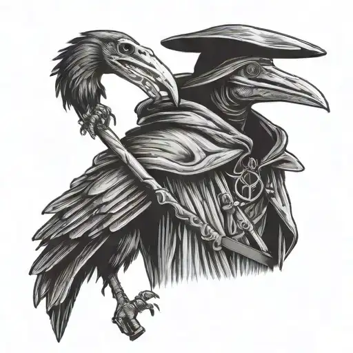 Plague Doctor Holding Cane And Raven On Shoulder
