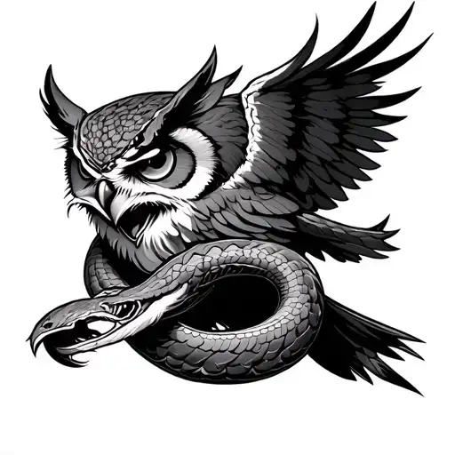 An Angry Owl Hunting The Serpent Symbol Ouroboros