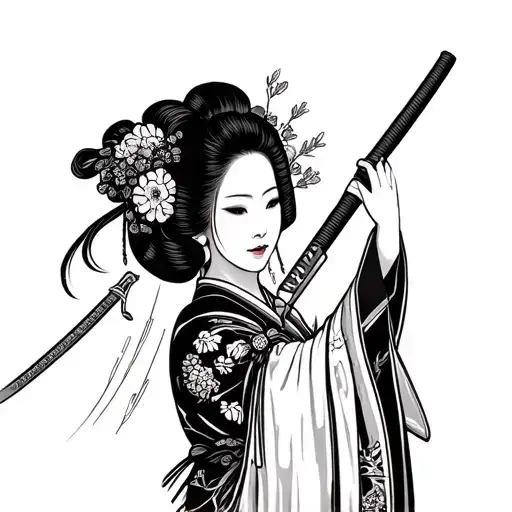 Japanese Geisha Holding A Katana