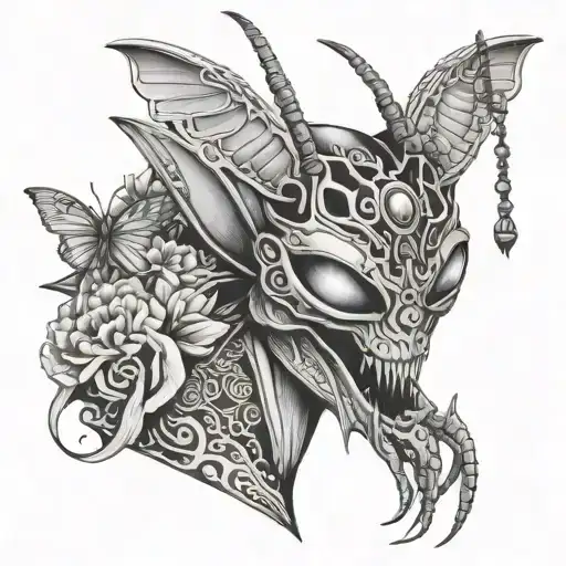 Praying Mantis With Geisha Head Removing Asian Horned Mask