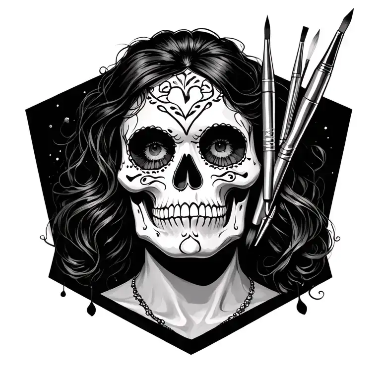 Calavera Face Art Muse Holding Paint Brushes And Tattoo Machines