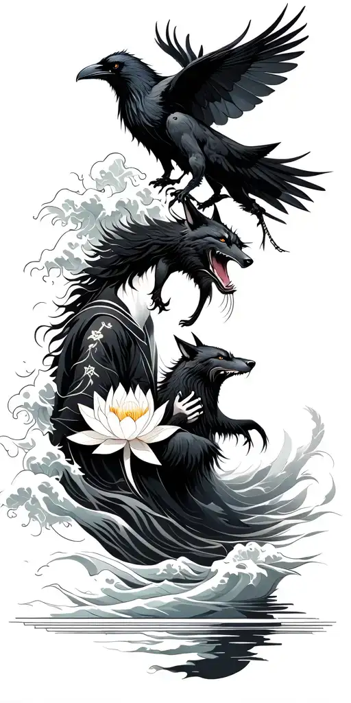 Japanese Wave With Lotus And Samuari Petting A Wolf With A Raven On His Shoulder