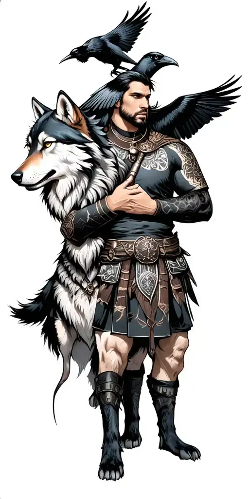 Samuari Petting A Wolf With A Raven On His Shoulder