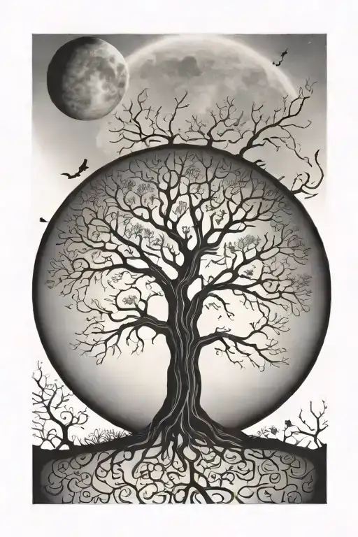 Tree Of Life With Moon Behind Tree Silhouette