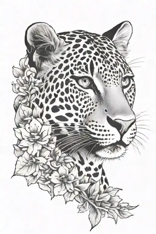 Leopard Half Face With Flowers And Morning Star Sign