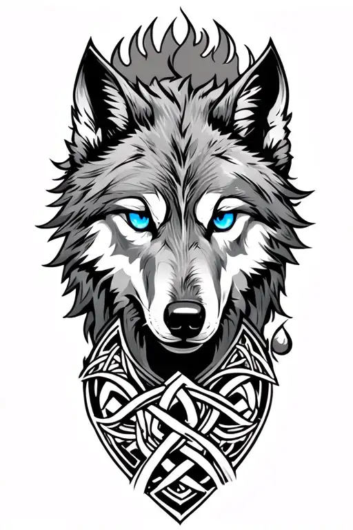 Wolf With Blue Eyes On Armor Tattoo Design Featuring Celtic Trinity Knot