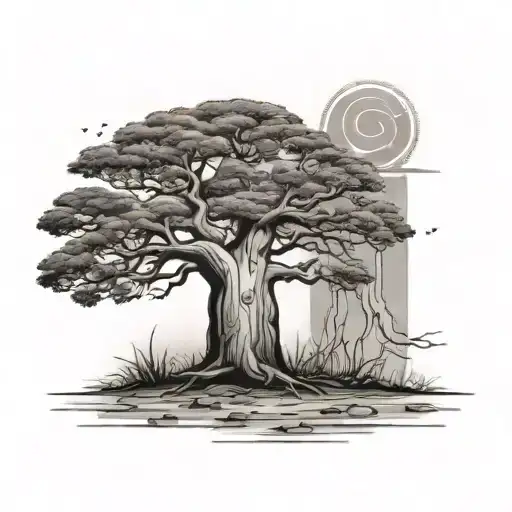 One Baobab With Small Sun In The Background