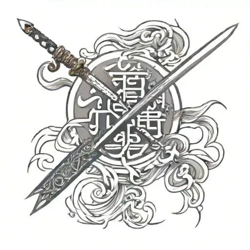 Chinese Writing And Sword Tattoo By Rosh