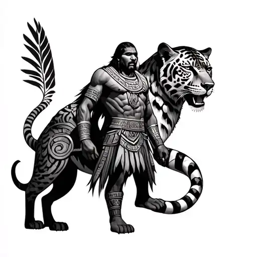 Aztec Warrior Surrounded By Jaguars