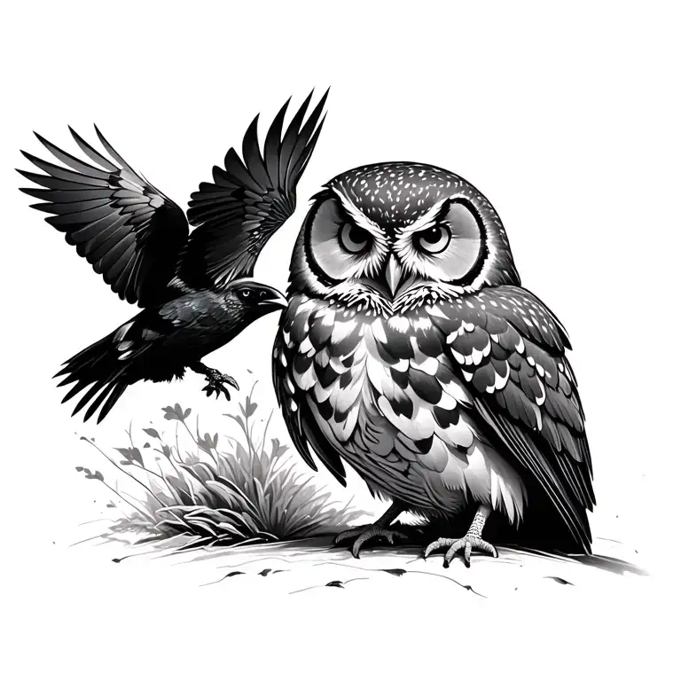 Owl Is Sitting In Background And Crow Flys Over
