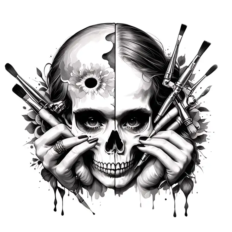 Women's Hands With Paint Brushes And Tattoo Machines With Art Muse's Face With Half A Skull