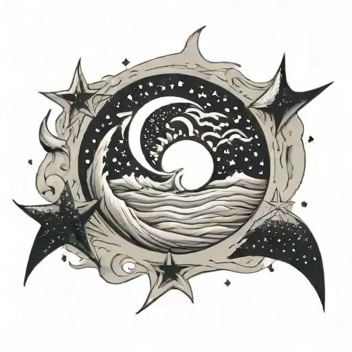 Sand Water And Moon Surrounded By Stars