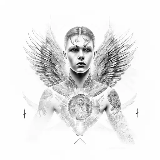 A Detailed Portrait Of An Archangel Surrounded By Binary Code