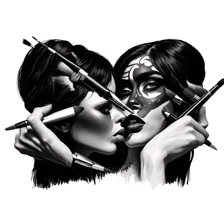 Women's Hands With Paint Brushes And Tattoo Machines With Art Muse's Face With Half Makeup Tradi