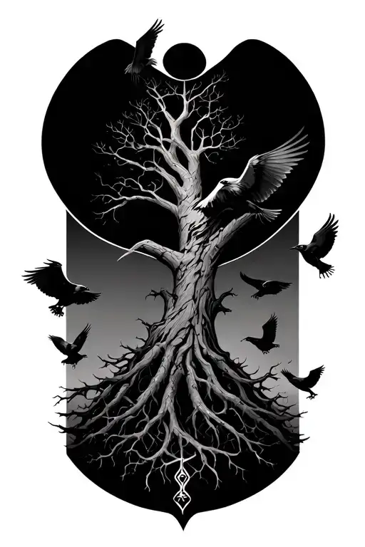 Yggdrasil Tree With Ravens Flying