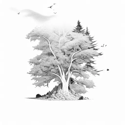 Mountain And Oak Tree