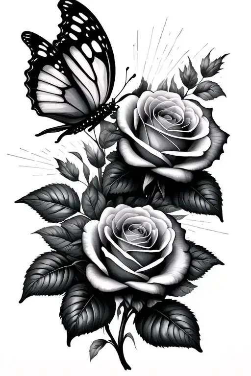 Three Roses And Butterfly Flying Towards Bright Shining