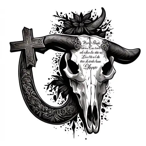 Bull Skull With Tooled Leather And Cross With Bible Verse