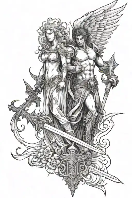 Male Angel And Female Demon With Sword Going