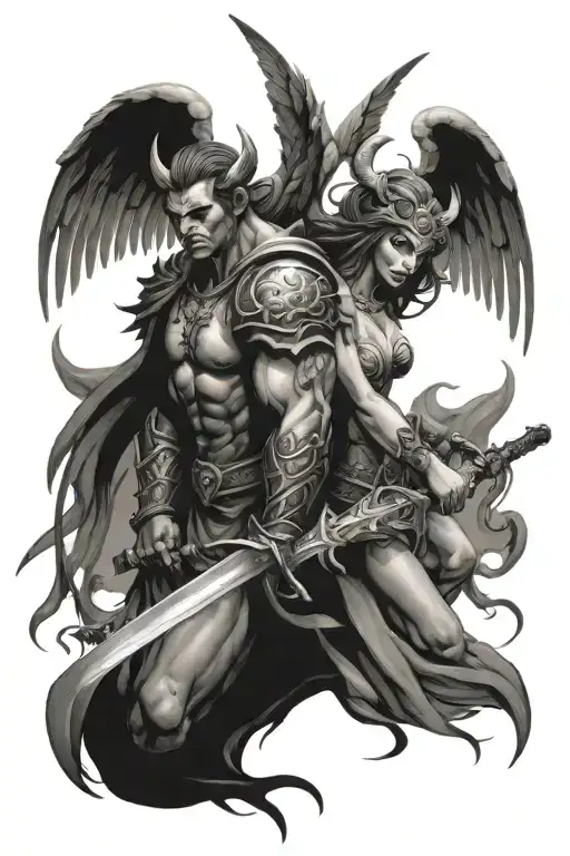 Male Angel And Female Demon With Sword Going