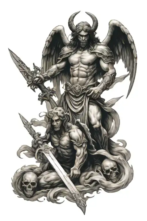 Angel And Demon With Sword In Front