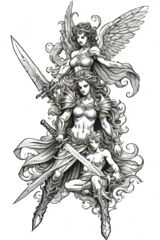 Angel And Female Demon With Sword In Front