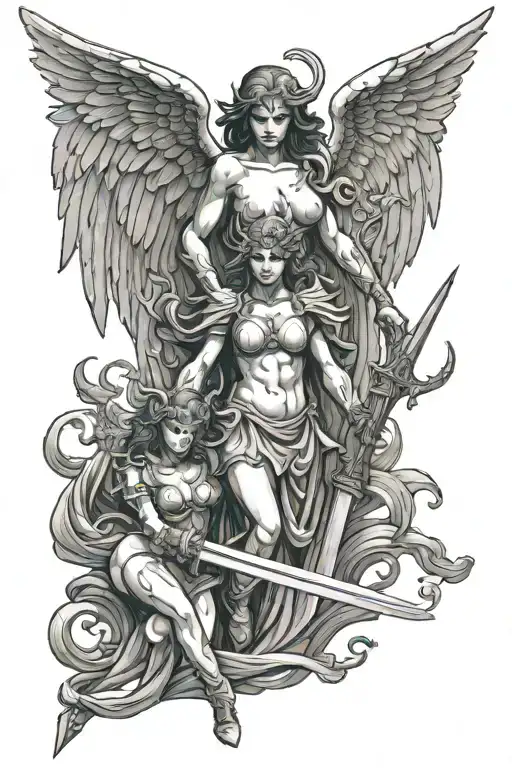 Angel And Female Demon With Sword In Front