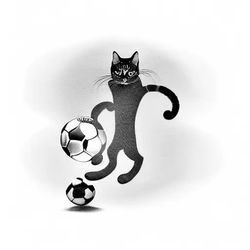 A Black-grey Tattoo Of A Soccer Field With A Silhouette Of A Cat Playing As The Goalie