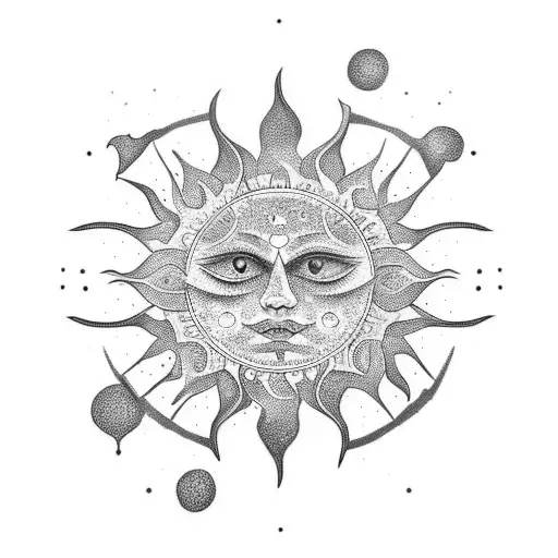 Cool Sun Design With Dotted Line That Look Like Shadows In Hippie Style