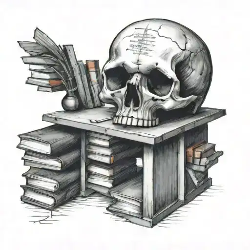A Teacher's Desk With A Skull Paperweight And A Stack Of Books