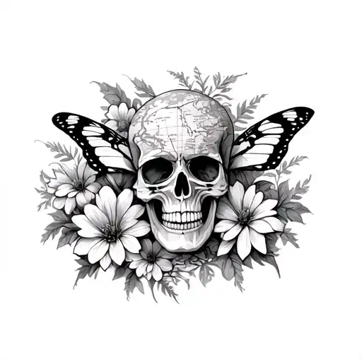 Skull Flowers And Butterfly With Map Inside Representing In With One Are The Name Or My Song