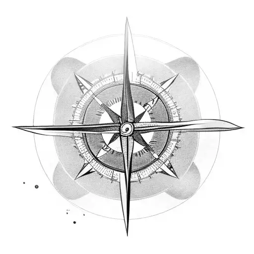 A Black And Grey Tattoo Of A Chef's Knife And A Compass Intertwined