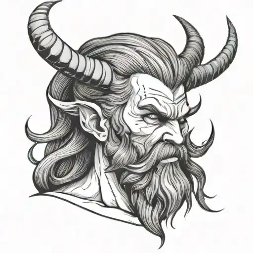 Demon With Long Hair And Beard And Ran Horns