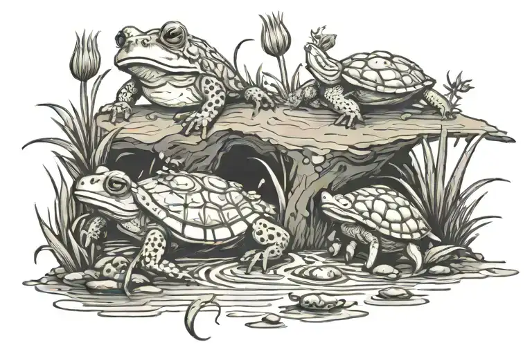 Water Scene With Frog And Turtle With Dog And Cat Paw Prints In Mud