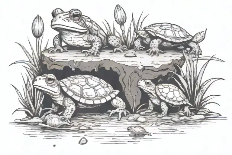 Water Scene With Frog And Turtle With Dog And Cat Paw Prints In Mud