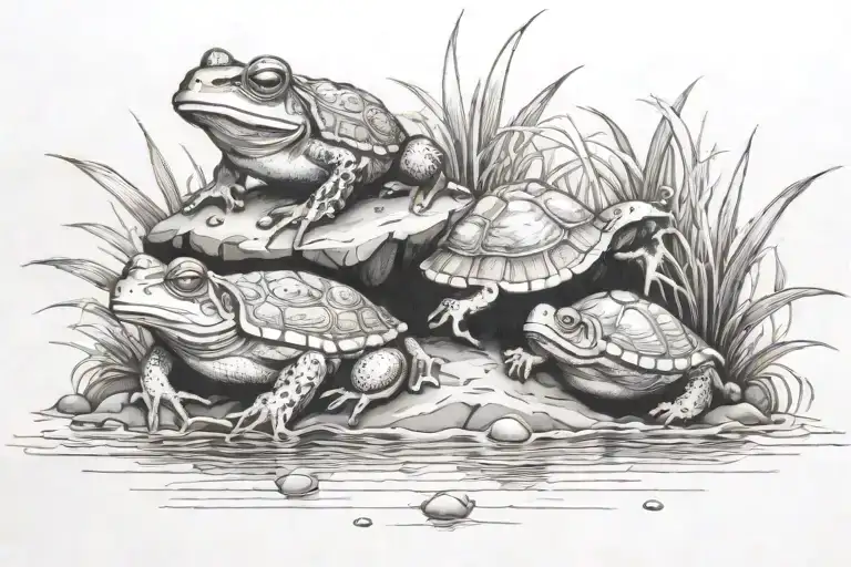 Water Scene With Frog And Turtle With Dog And Cat Paw Prints In Mud