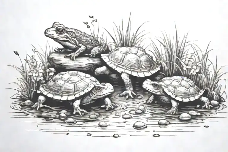 Water Scene With Frog And Turtle With Dog And Cat Paw Prints In Mud