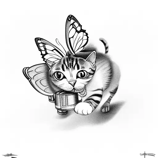 A Cat Chasing A Mechanical Butterfly In A Historical Setting