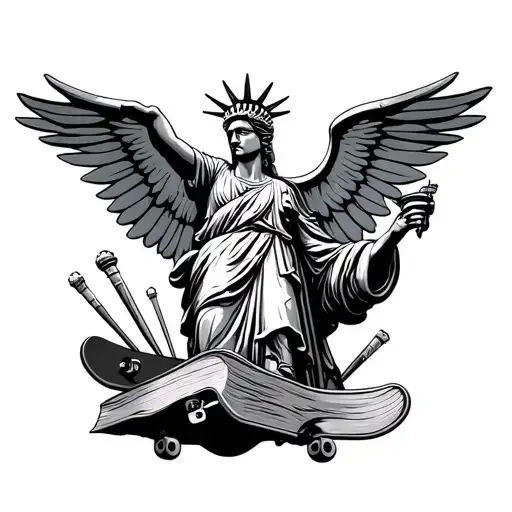 Statue Of Freedom With A Skateboard In Place Of The Book And Drumsticks In Place Of The Torch