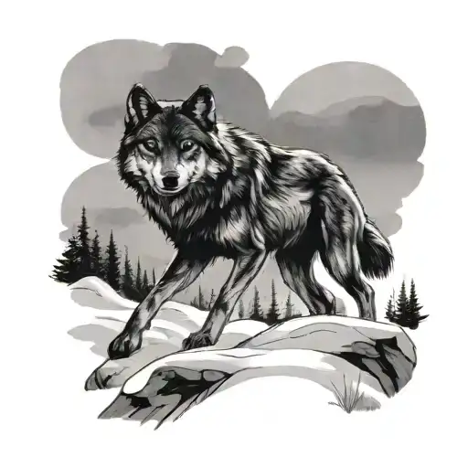 Dark Snowy Landscape With A Small Wolf