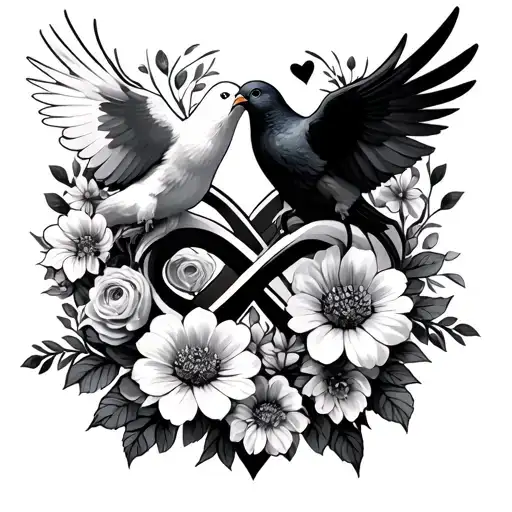 Memorial Infinity Symbol Intertwined With Flowers And Doves And Hearts
