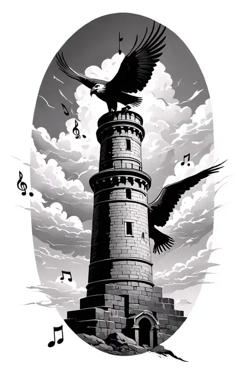 Tower With Storm Clouds Musical Notes And A Falcon Circling It