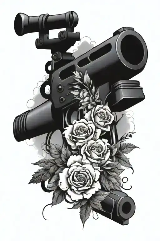 Machine Gun Wrapped With Flowers And Mountains In The Background